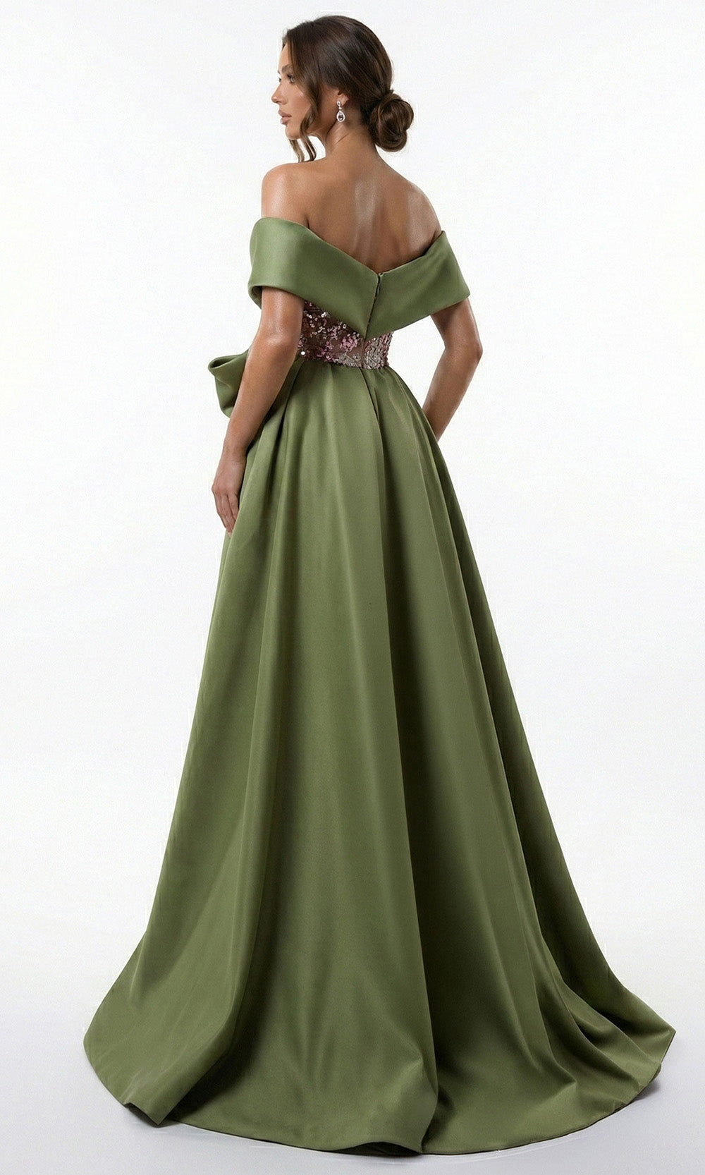 MNM COUTURE F03024 - Asymmetrical Overskirt Sequin Embellished Gown Mother Of The Bride Dresses in Olive 