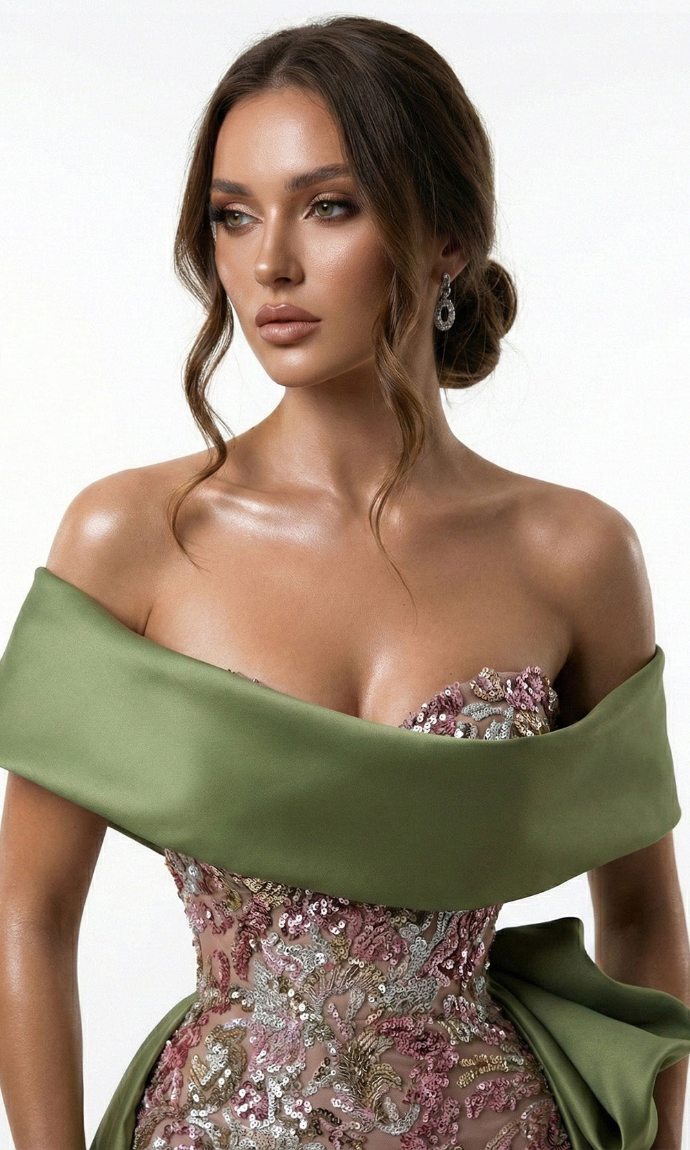 MNM COUTURE F03024 - Asymmetrical Overskirt Sequin Embellished Gown Mother Of The Bride Dresses in Olive 