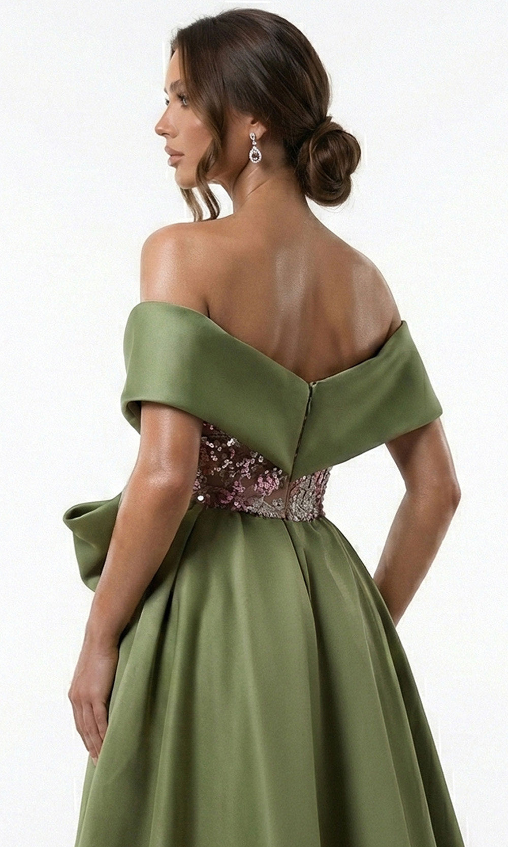 MNM COUTURE F03024 - Asymmetrical Overskirt Sequin Embellished Gown Mother Of The Bride Dresses in Olive 