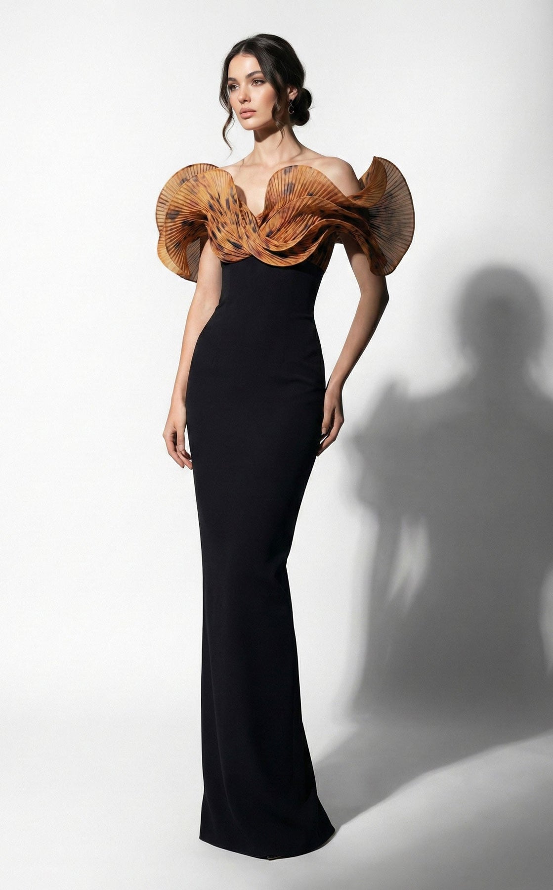 MNM COUTURE F03033 - Printed Off Shoulder Evening Gown with Slit