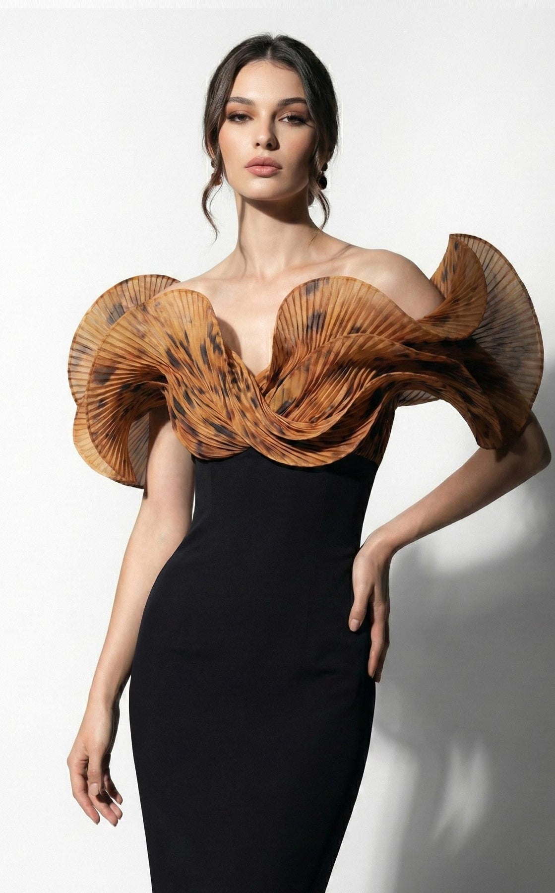 MNM COUTURE F03033 - Printed Off Shoulder Evening Gown with Slit
