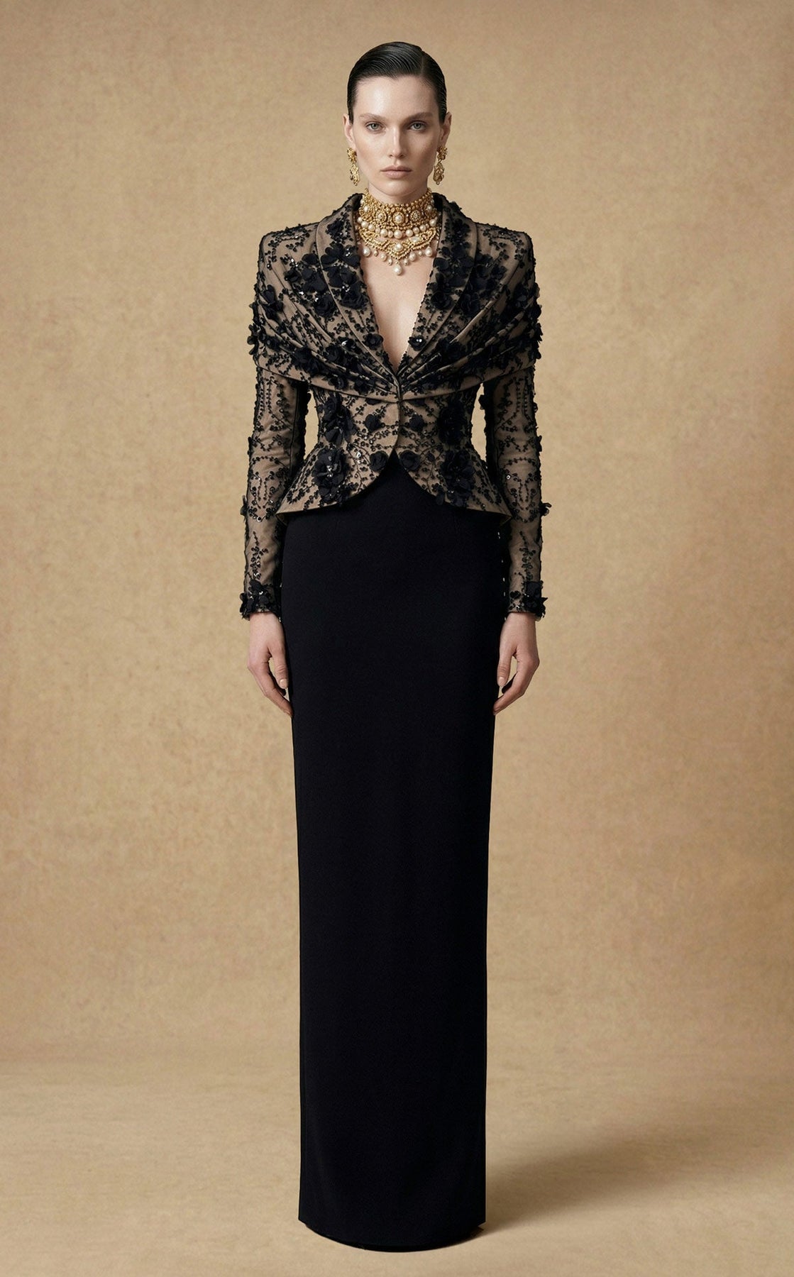 MNM COUTURE F03047 - Deep V-Neck Column Evening Gown with Floral Detail