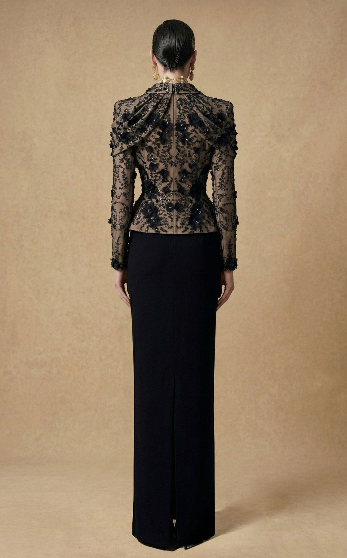 MNM COUTURE F03047 - Deep V-Neck Column Evening Gown with Floral Detail