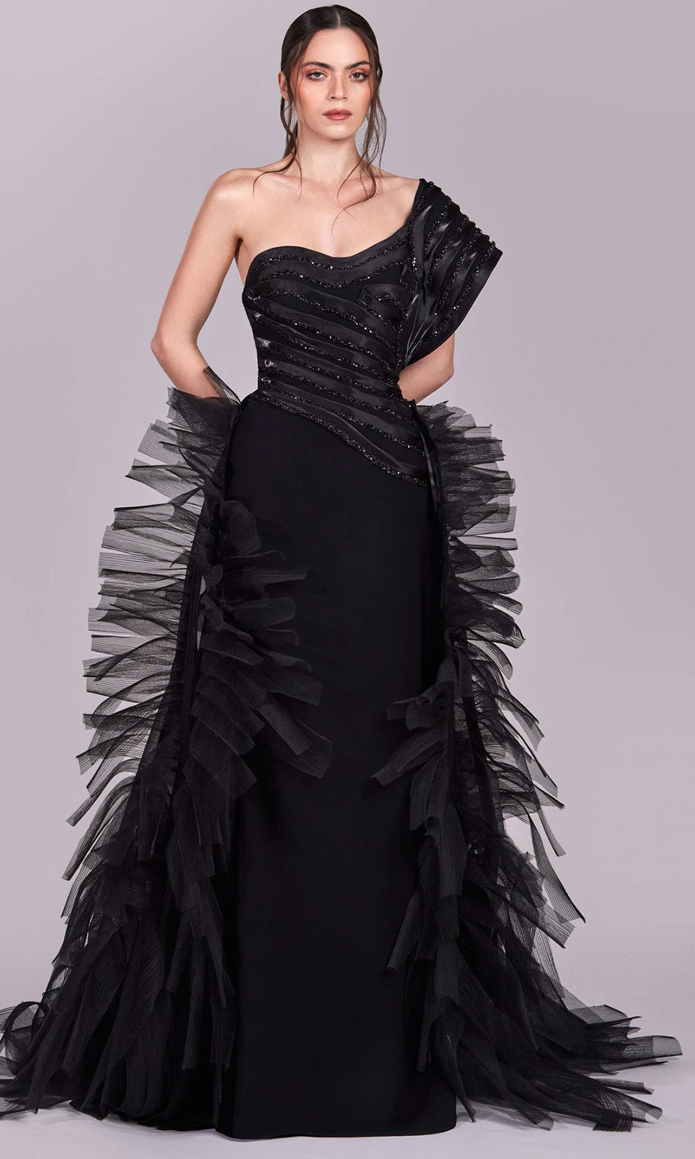 MNM Couture G1812 - Pleated Organza Asymmetric Evening Gown Evening Dresses