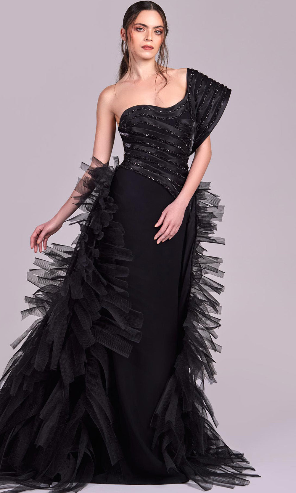 MNM Couture G1812 - Pleated Organza Asymmetric Evening Gown Evening Dresses