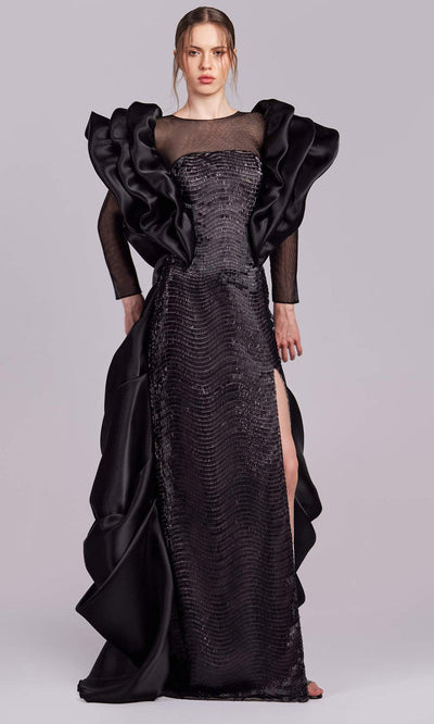 MNM Couture G1835 - Long Sleeve Evening Gown with Ruffle Evening Dresses
