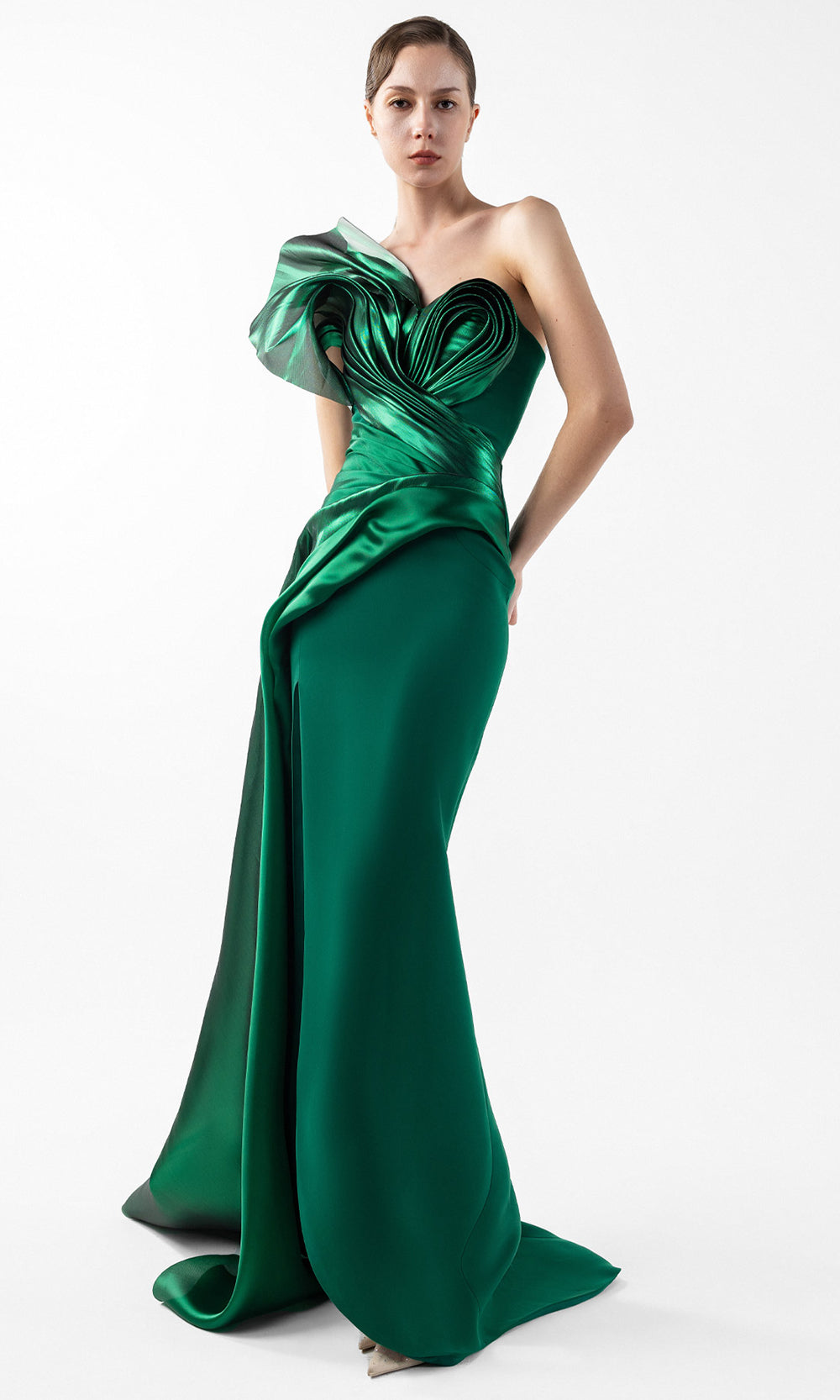 MNM Couture G2023 - Asymmetrical Metallic Swirl Column Gown Prom Dresses