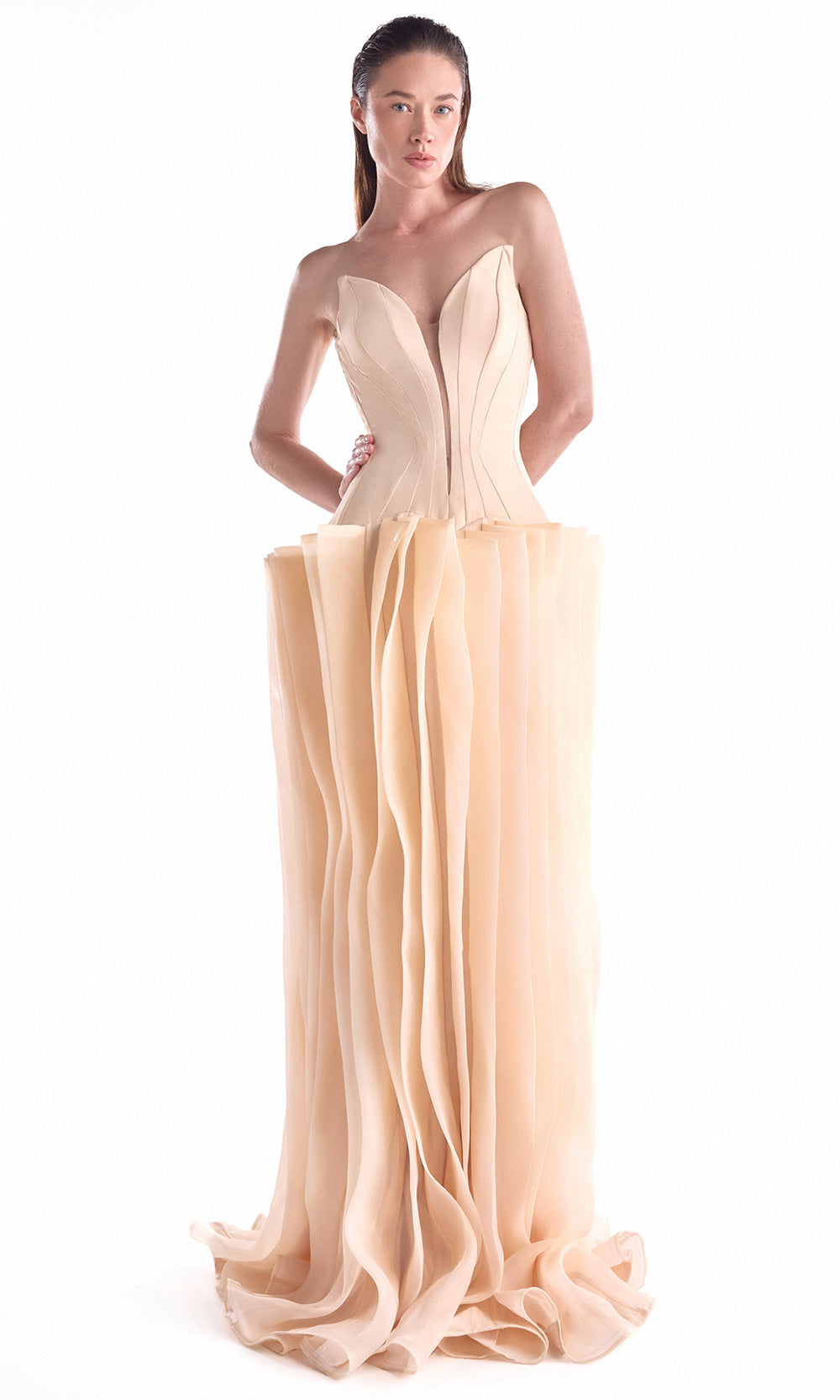 MNM COUTURE G2100 - Plunging Neck Pleated Organza Evening Dress Prom Dresses in Nude 