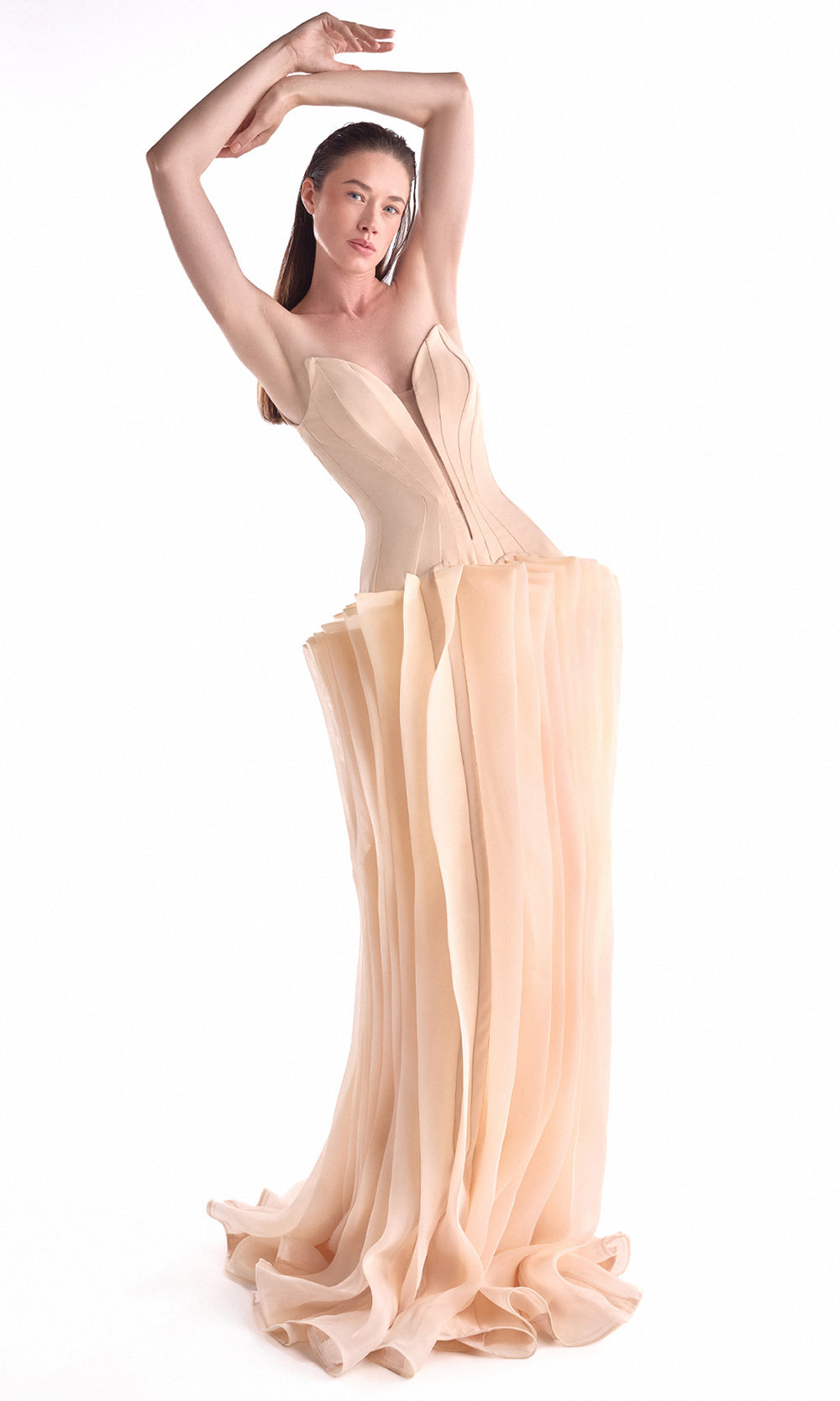 MNM COUTURE G2100 - Plunging Neck Pleated Organza Evening Dress Prom Dresses in Nude 