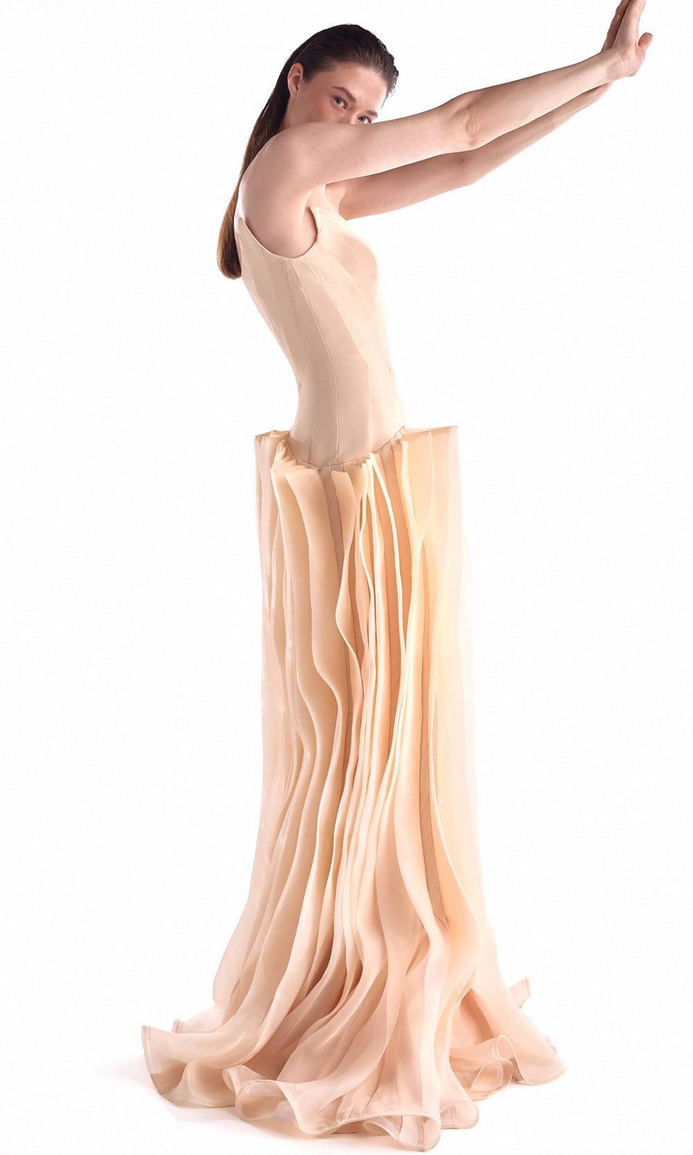 MNM COUTURE G2100 - Plunging Neck Pleated Organza Evening Dress Prom Dresses in Nude 