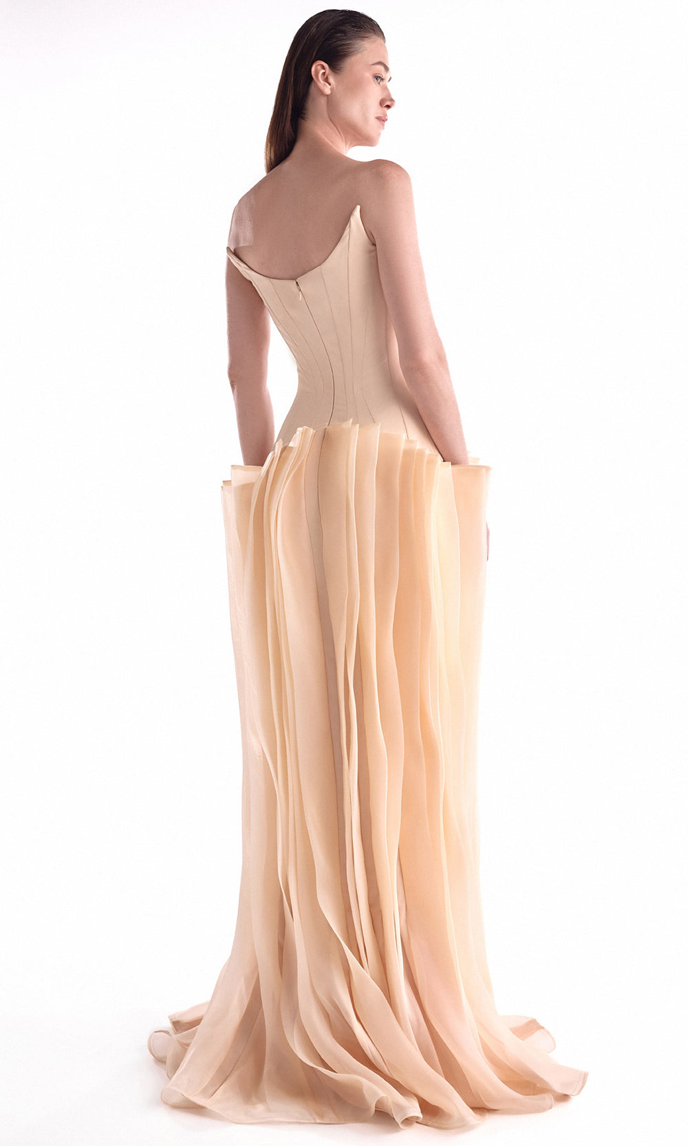 MNM COUTURE G2100 - Plunging Neck Pleated Organza Evening Dress Prom Dresses in Nude 