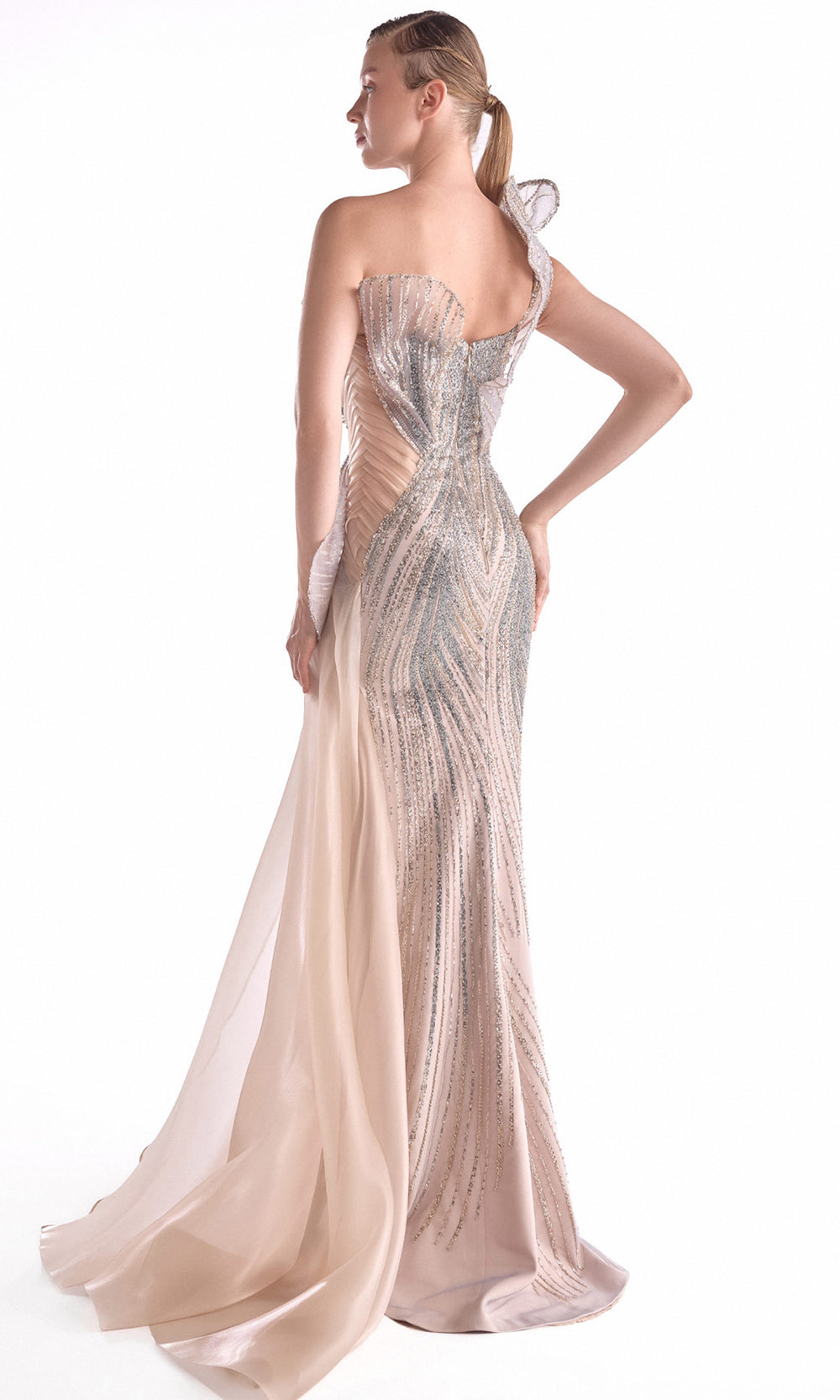 MNM COUTURE G2101 - Illusion Side Asymmetric Neck Long Dress Pageant Dresses in Nude 