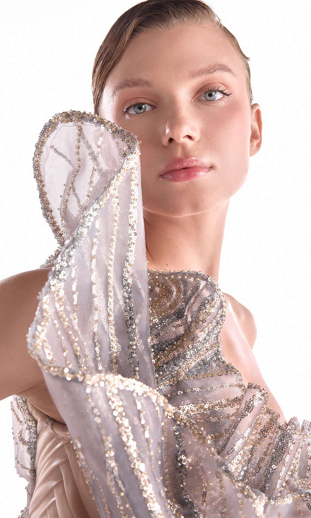 MNM COUTURE G2101 - Illusion Side Asymmetric Neck Long Dress Pageant Dresses in Nude 