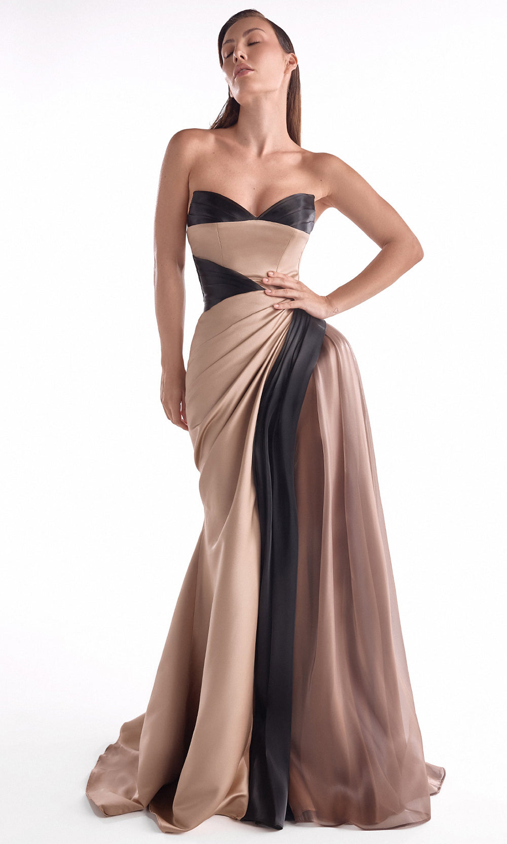 MNM COUTURE G2102 - Mermaid Skirt Draped Contrast Long Dress Pageant Dresses in Brown Black