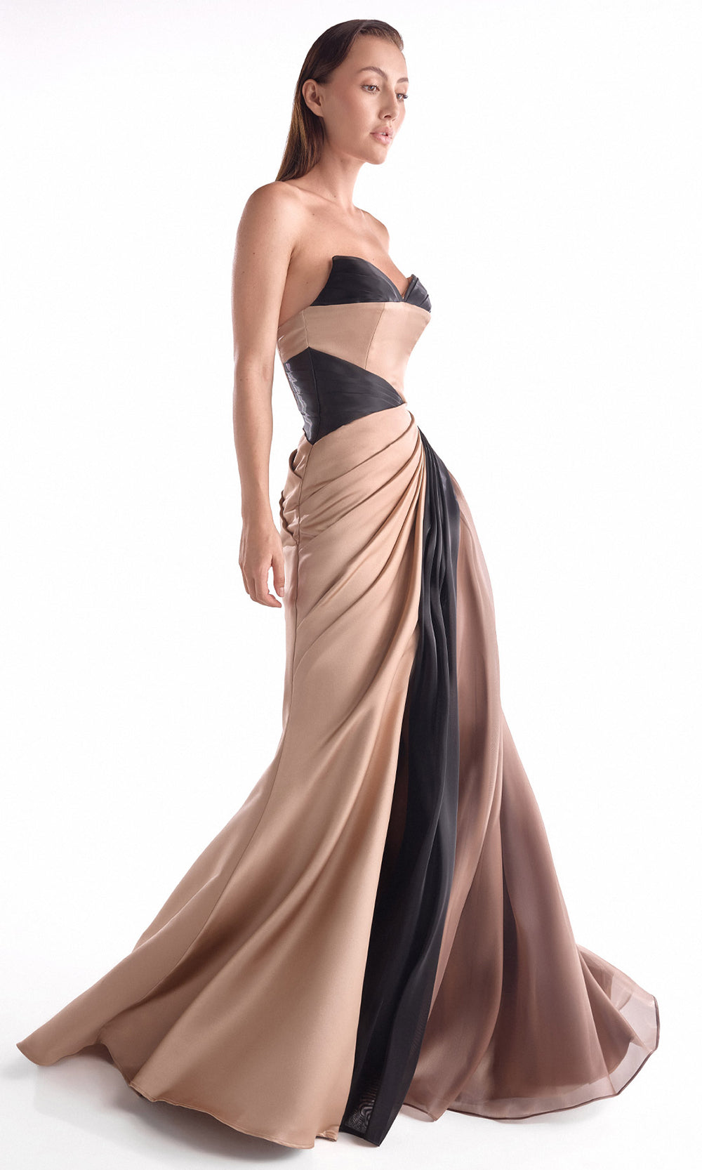 MNM COUTURE G2102 - Mermaid Skirt Draped Contrast Long Dress Pageant Dresses in Brown Black