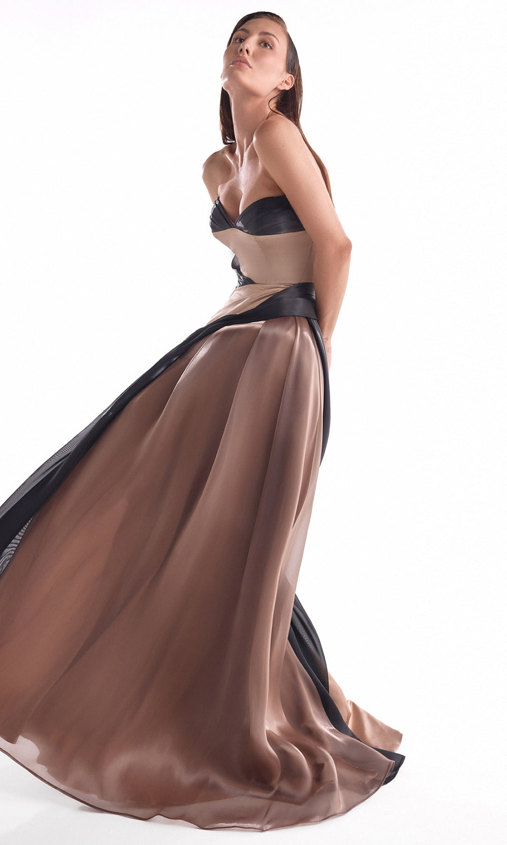 MNM COUTURE G2102 - Mermaid Skirt Draped Contrast Long Dress Pageant Dresses in Brown Black