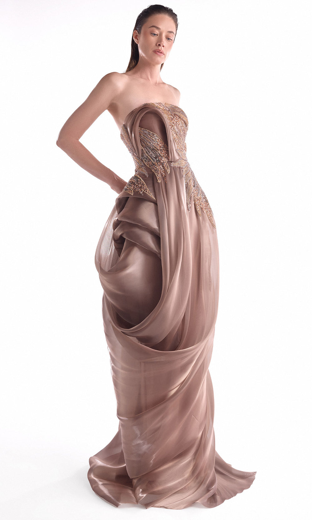 MNM COUTURE G2103 - Beaded Ornate Draped Evening Dress Pageant Dresses in Brown 