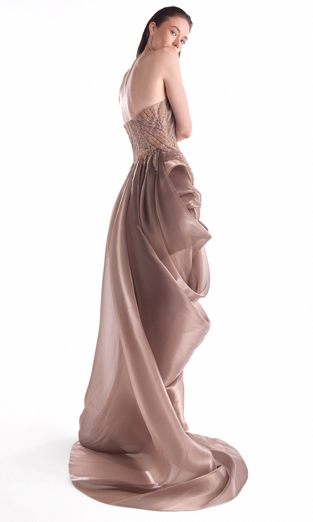 MNM COUTURE G2103 - Beaded Ornate Draped Evening Dress Pageant Dresses in Brown 