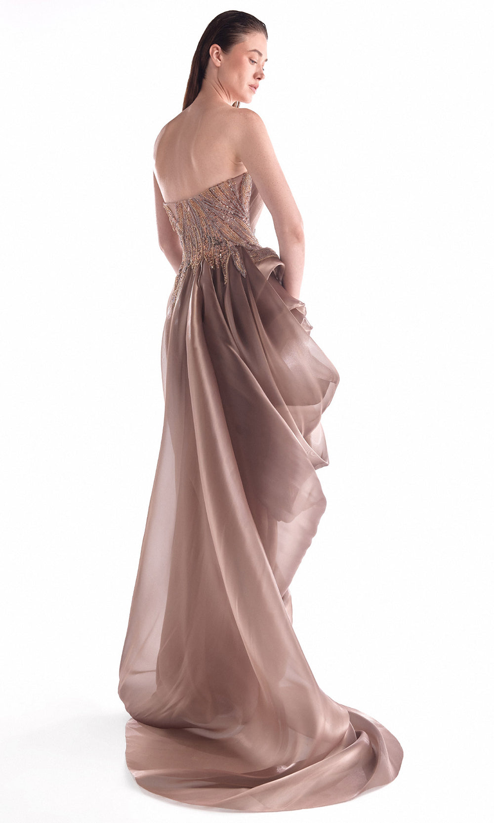MNM COUTURE G2103 - Beaded Ornate Draped Evening Dress Pageant Dresses in Brown 