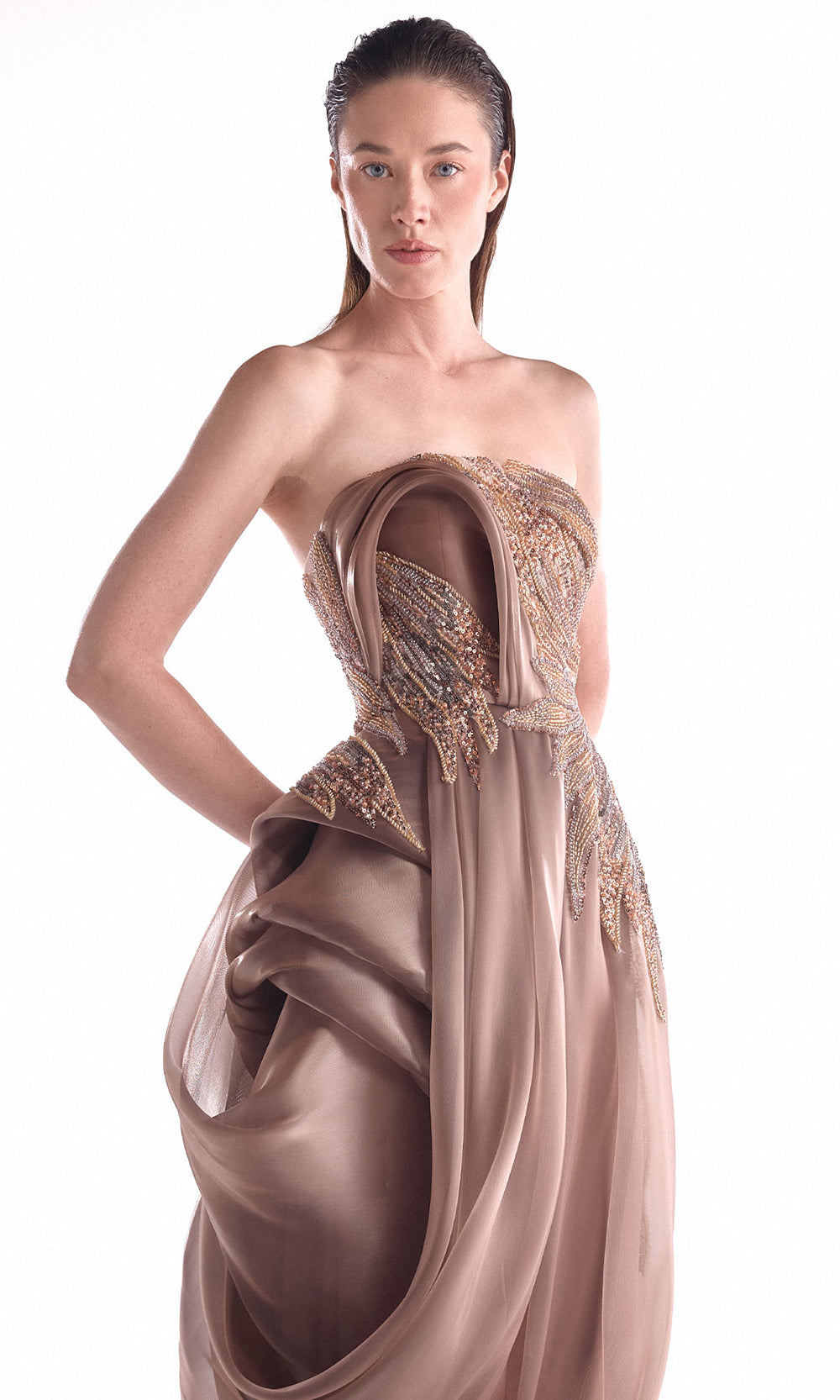 MNM COUTURE G2103 - Beaded Ornate Draped Evening Dress Pageant Dresses in Brown 