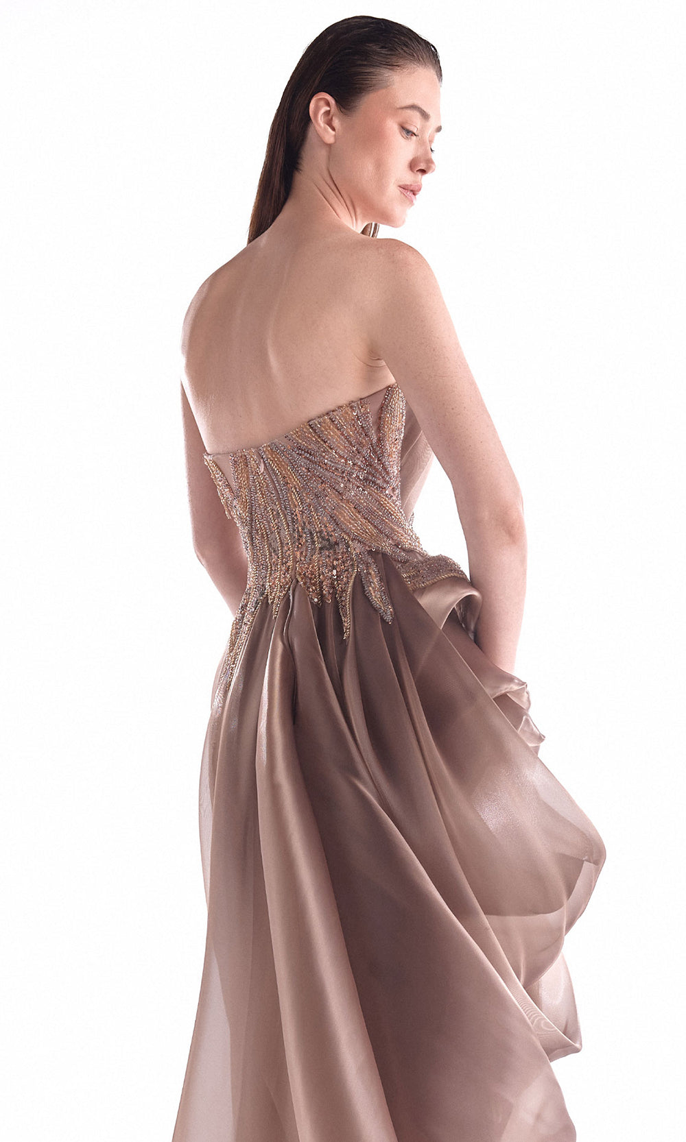 MNM COUTURE G2103 - Beaded Ornate Draped Evening Dress Pageant Dresses in Brown 