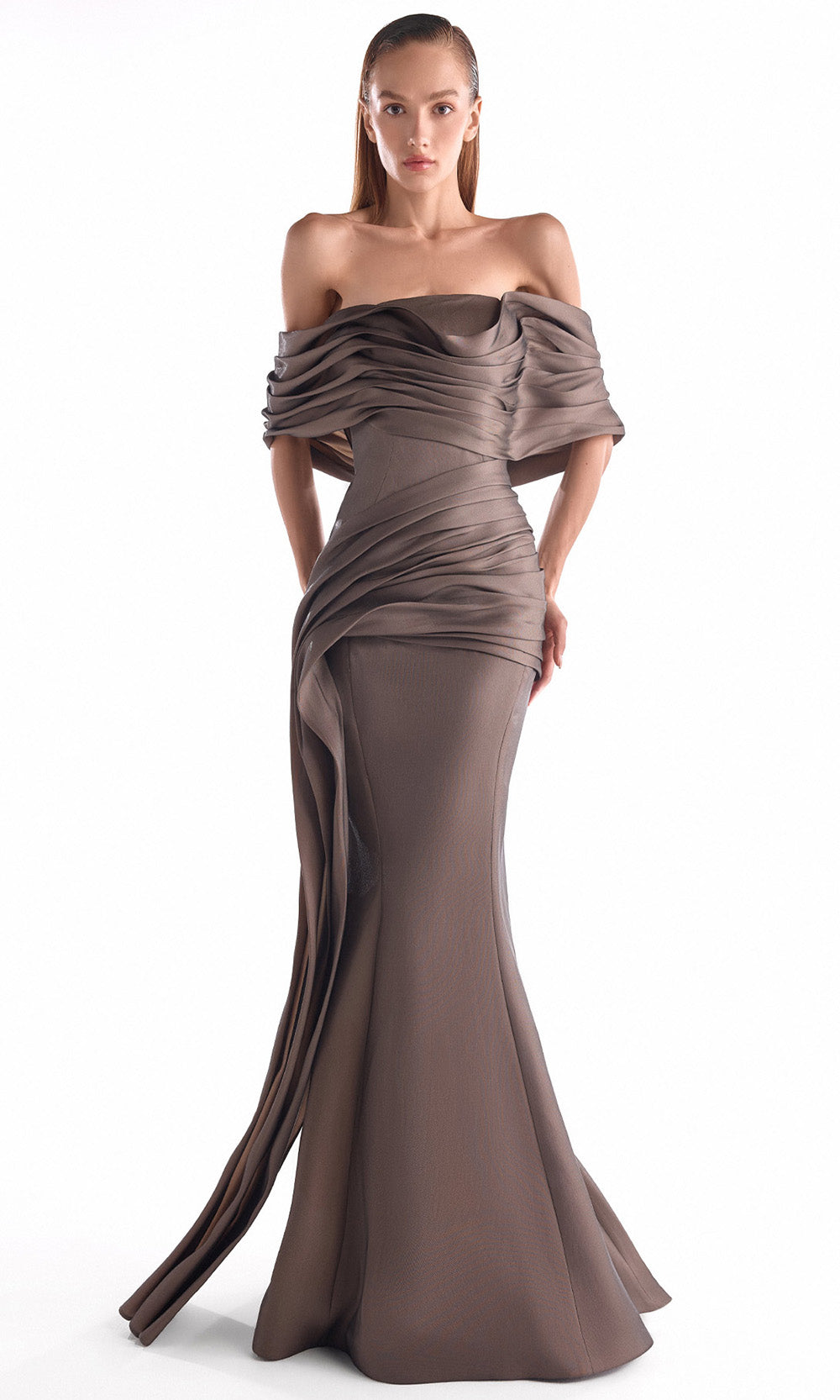 MNM COUTURE G2104 - Draped Overlay Off Shoulder Long Dress Pageant Dresses in Brown 