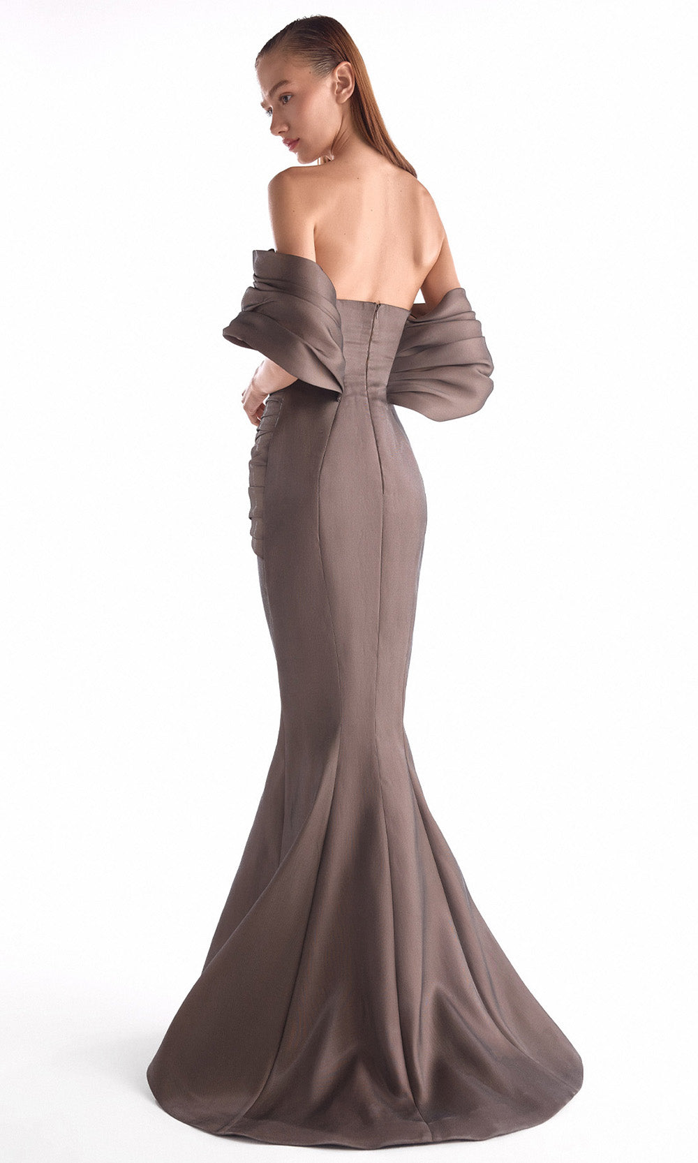 MNM COUTURE G2104 - Draped Overlay Off Shoulder Long Dress Pageant Dresses in Brown 