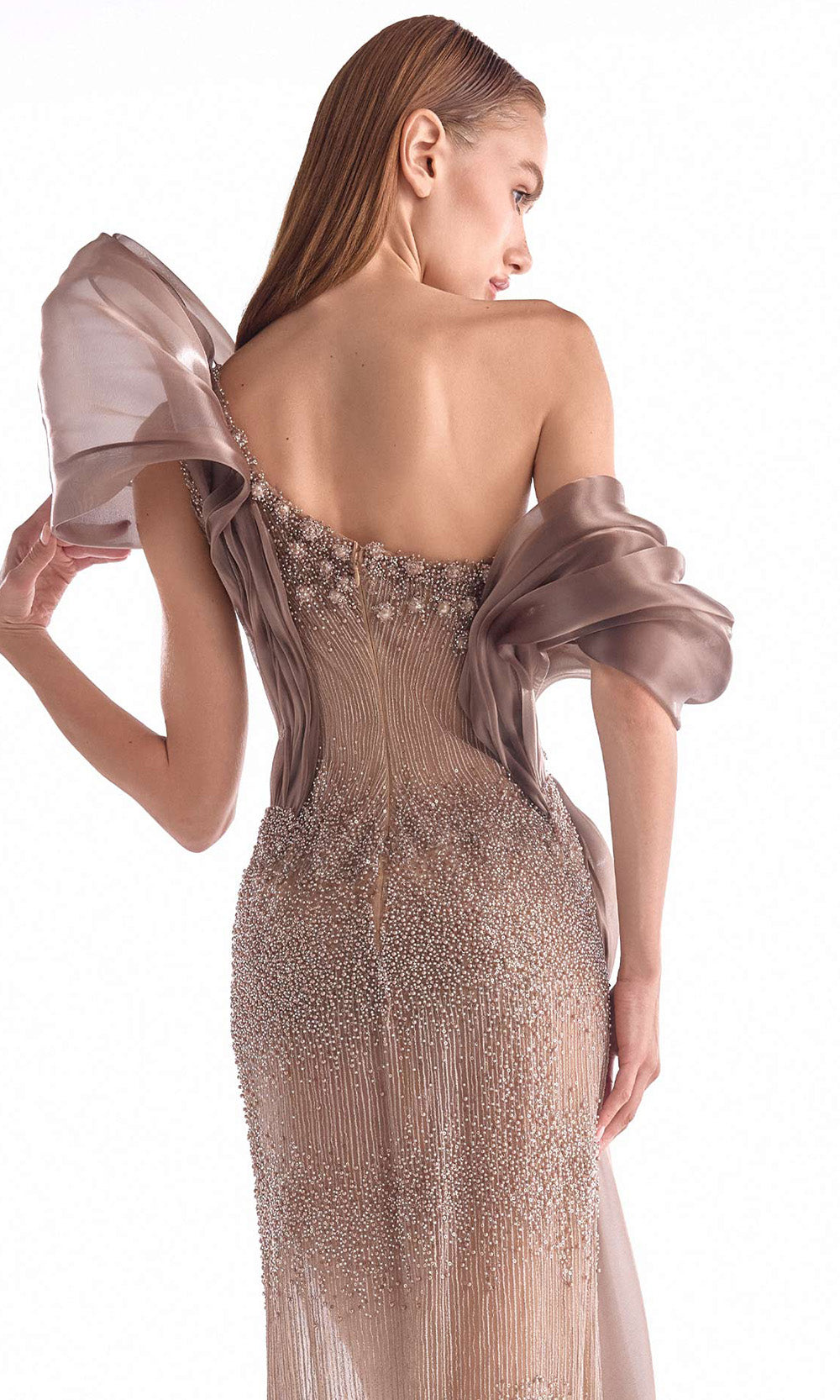 MNM COUTURE G2105 - Asymmetric Beaded Illusion Evening Dress Pageant Dresses in Brown 