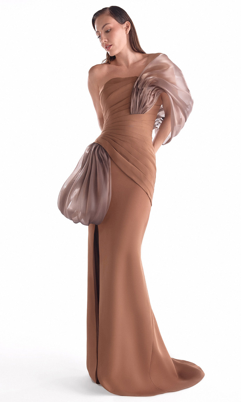 MNM COUTURE G2106 - Sculptural Drape Sheath Long Gown Prom Dresses in Brown 