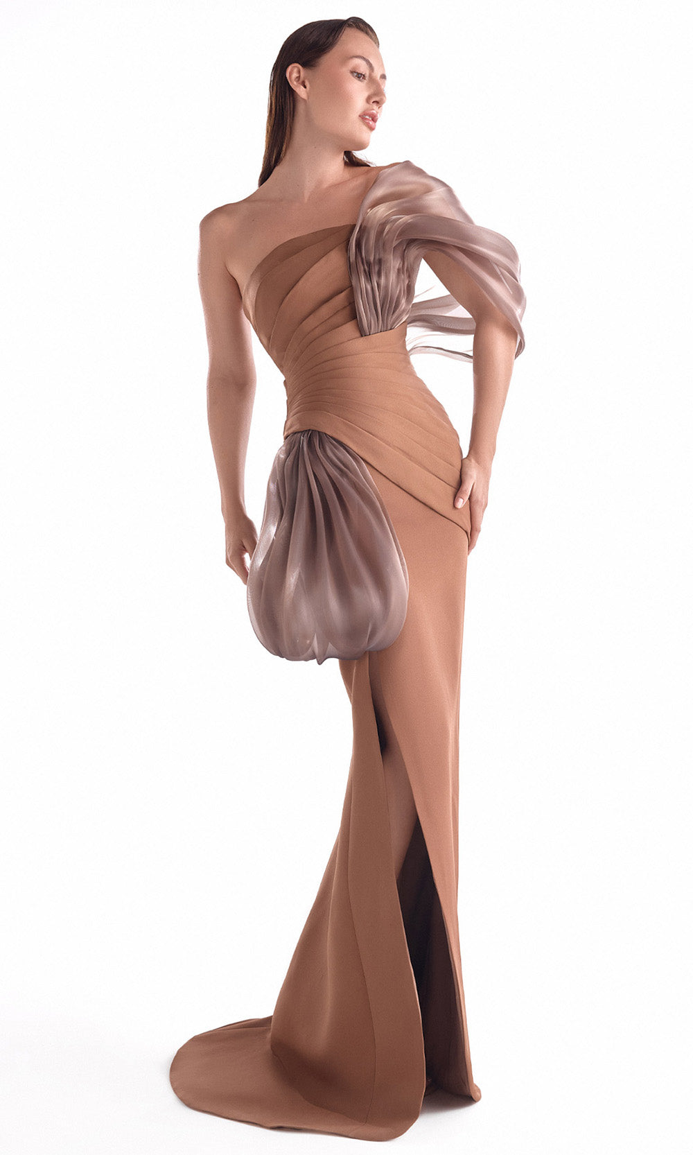 MNM COUTURE G2106 - Sculptural Drape Sheath Long Gown Prom Dresses in Brown 