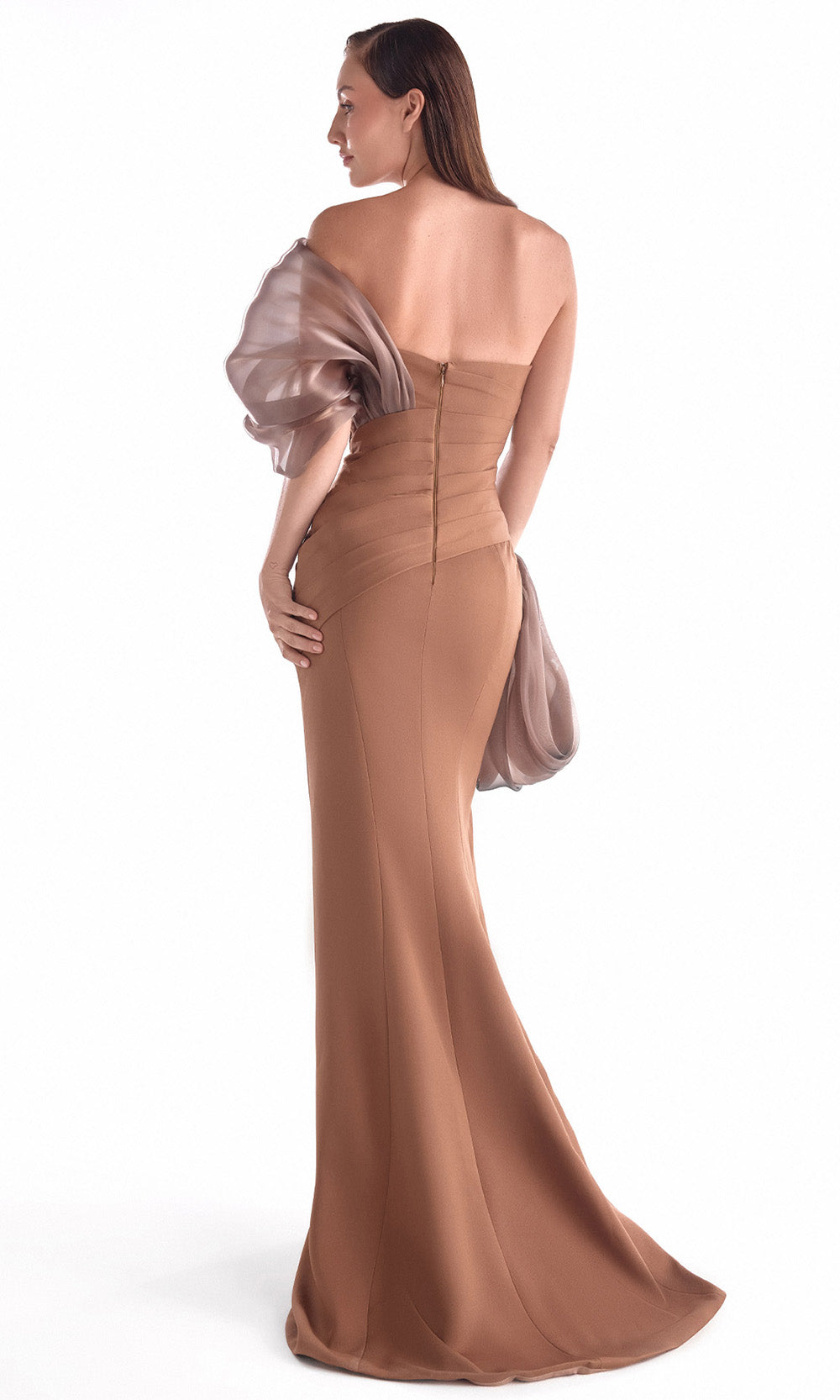 MNM COUTURE G2106 - Sculptural Drape Sheath Long Gown Prom Dresses in Brown 