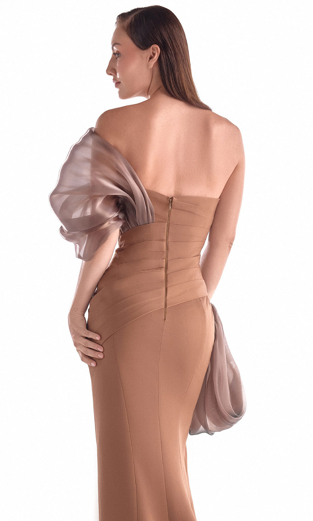 MNM COUTURE G2106 - Sculptural Drape Sheath Long Gown Prom Dresses in Brown 