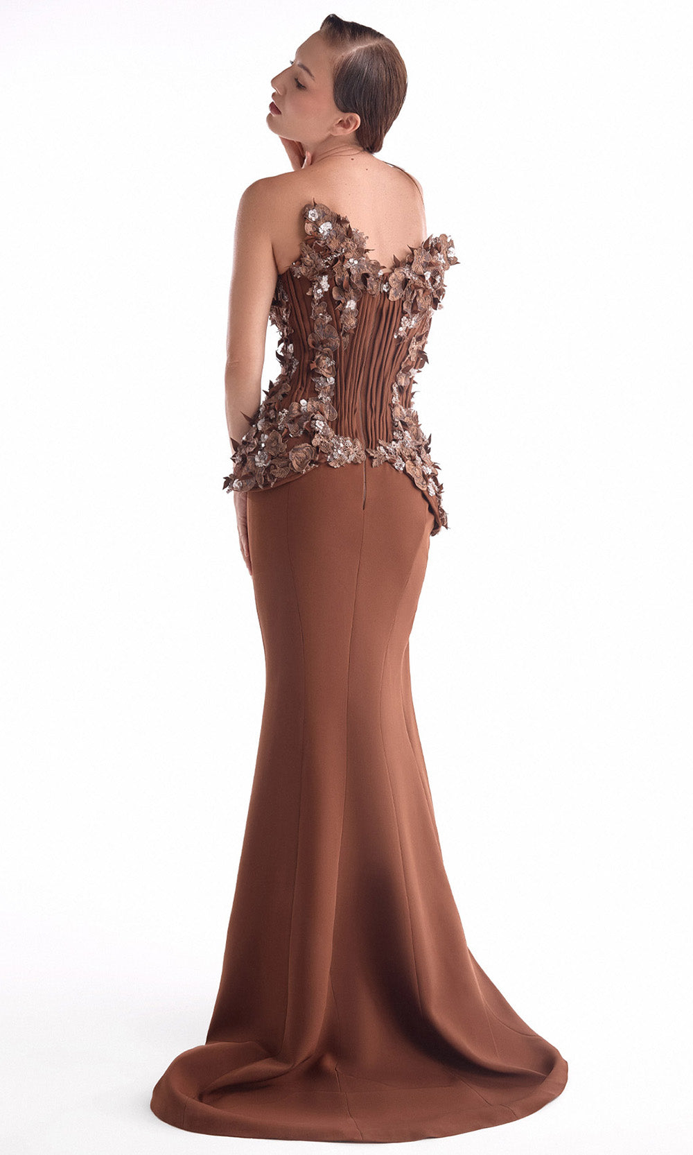 MNM COUTURE G2108 - Plunging V-Neck Long Dress with 3D Florals Pageant Dresses in Brown 