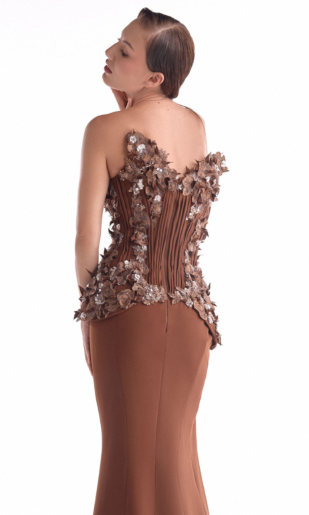 MNM COUTURE G2108 - Plunging V-Neck Long Dress with 3D Florals Pageant Dresses in Brown 