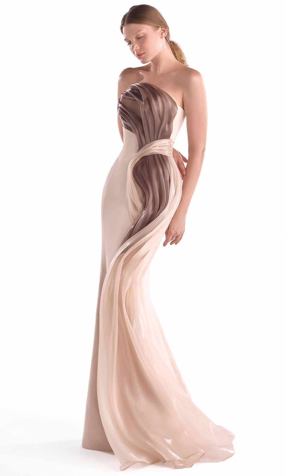 MNM COUTURE G2109 - Strapless Sculpted Flow Evening Dress Pageant Dresses in Nude 