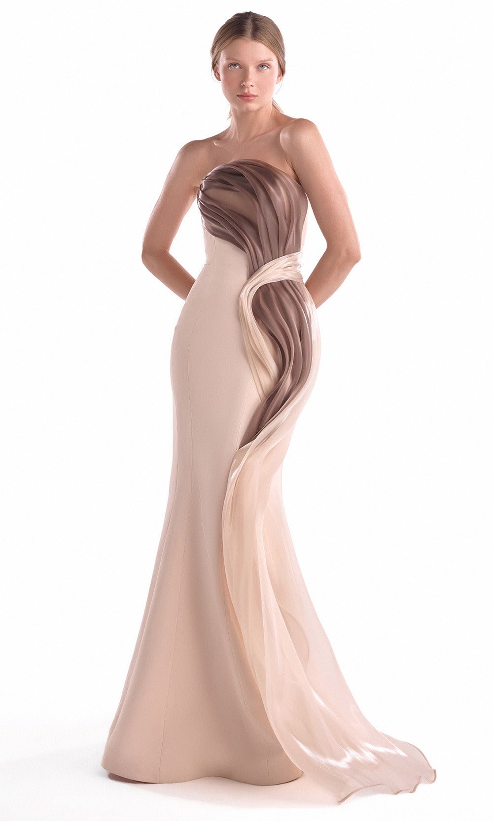 MNM COUTURE G2109 - Strapless Sculpted Flow Evening Dress Pageant Dresses in Nude 