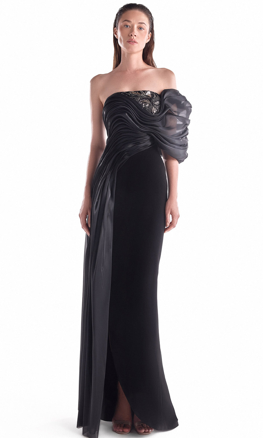 MNM COUTURE G2111 - Rippled Bodice Off Shoulder Long Dress Prom Dresses in Black 