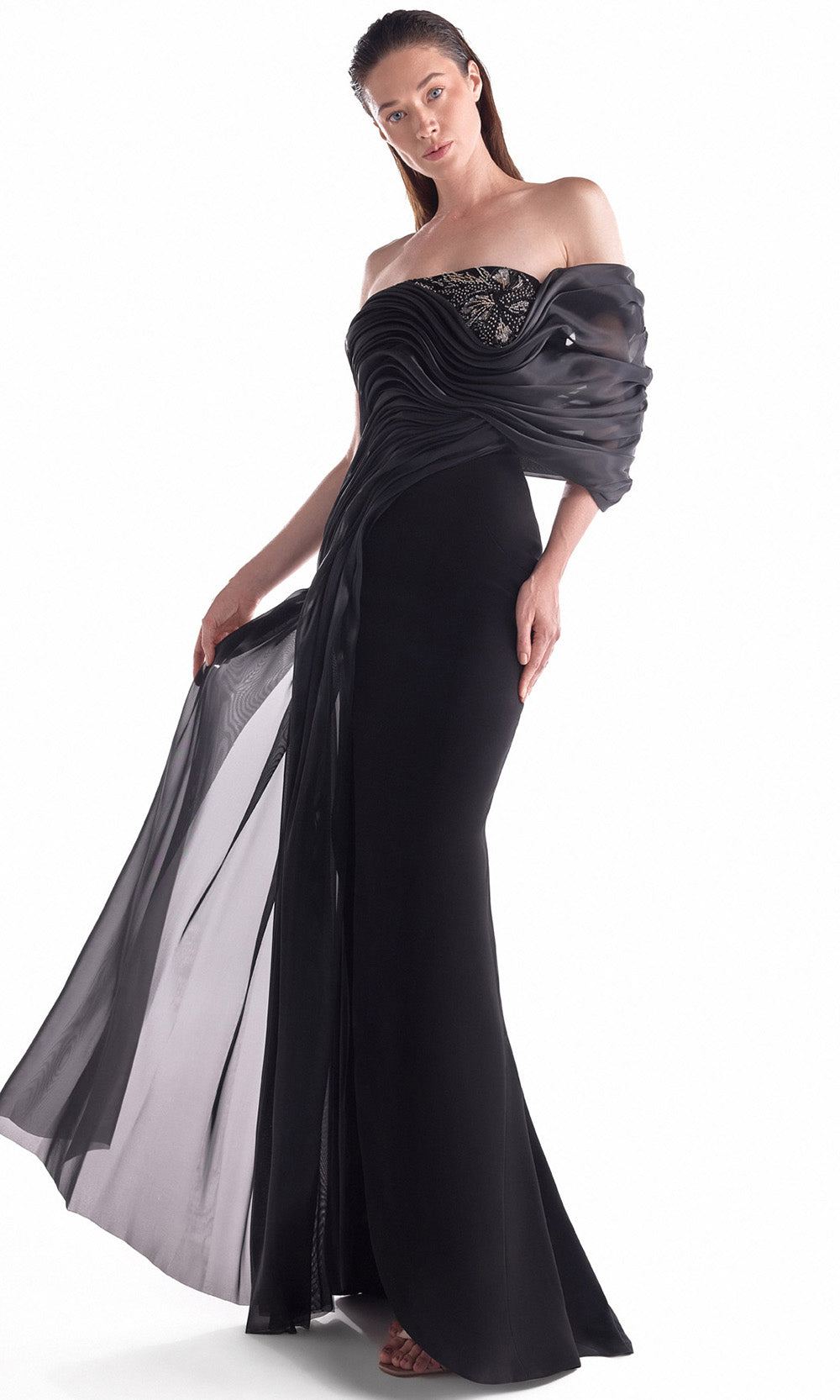 MNM COUTURE G2111 - Rippled Bodice Off Shoulder Long Dress Prom Dresses in Black 