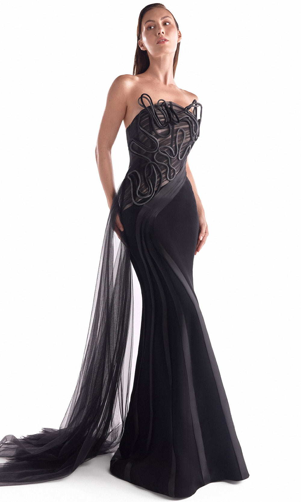 MNM COUTURE G2116 - Illusion Bodice Corded Sheath Gown Special Occasion Dress in Black 