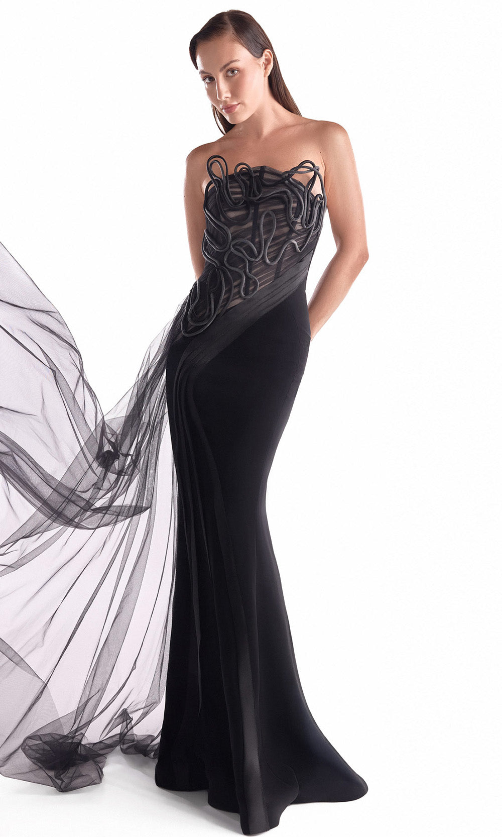 MNM COUTURE G2116 - Illusion Bodice Corded Sheath Gown Special Occasion Dress in Black 