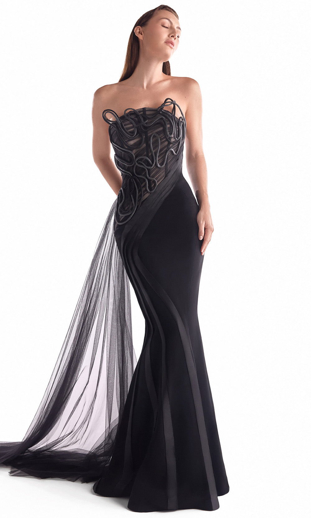 MNM COUTURE G2116 - Illusion Bodice Corded Sheath Gown Special Occasion Dress in Black 