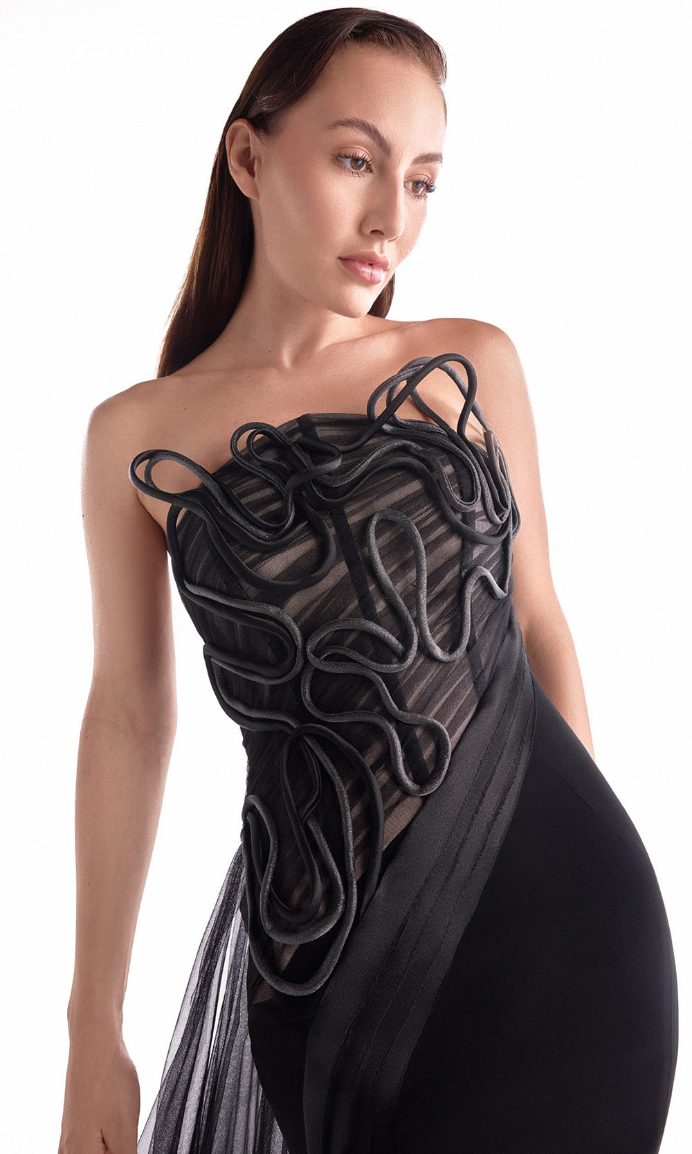 MNM COUTURE G2116 - Illusion Bodice Corded Sheath Gown Special Occasion Dress in Black 