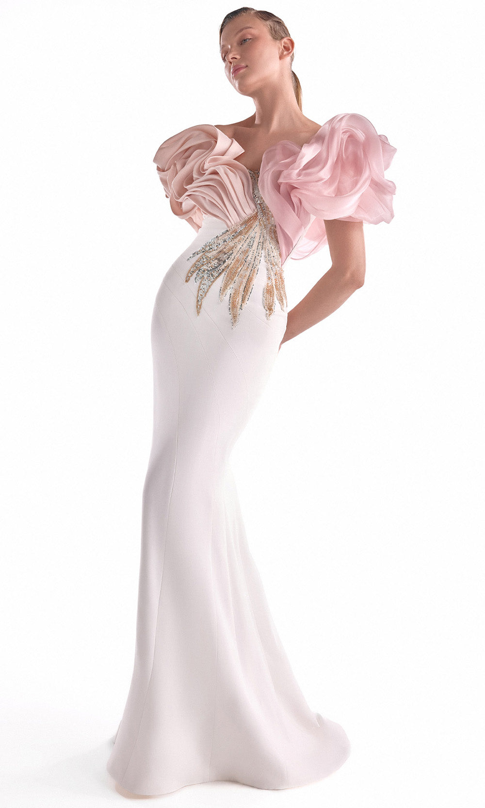 MNM COUTURE G2120 - Oversized Ruffle Sleeve Sparkle Long Dress Pageant Dresses in Off WhitePink