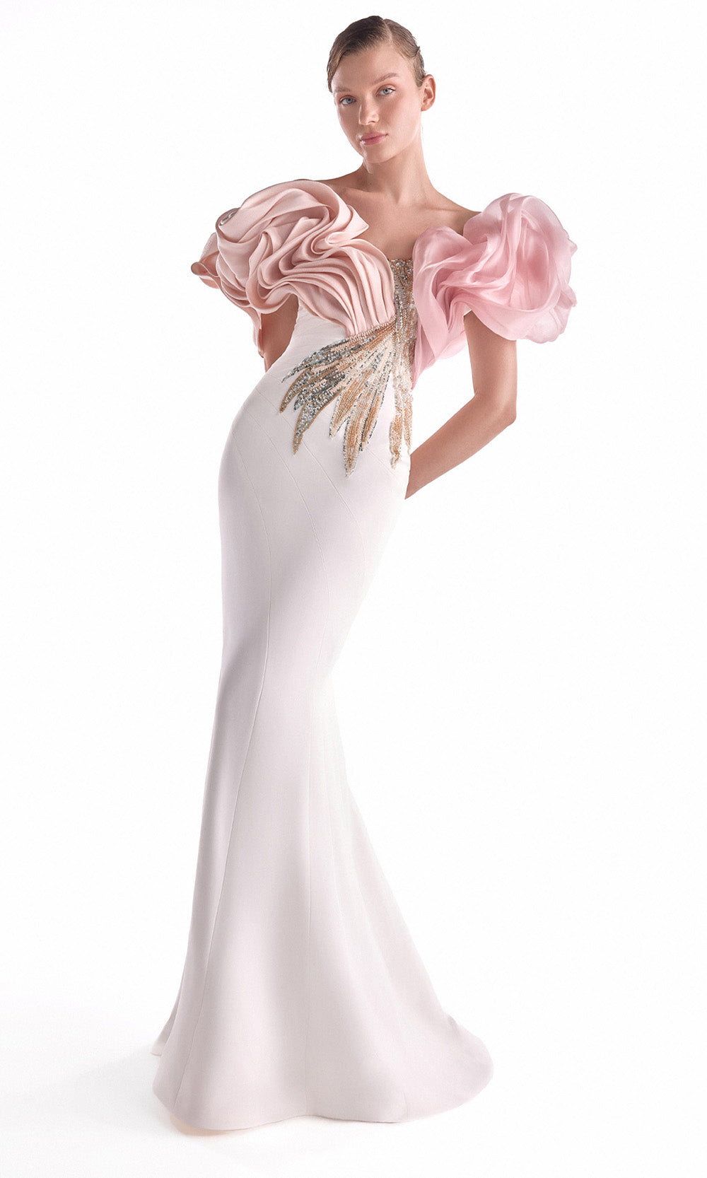 MNM COUTURE G2120 - Oversized Ruffle Sleeve Sparkle Long Dress Pageant Dresses in Off WhitePink