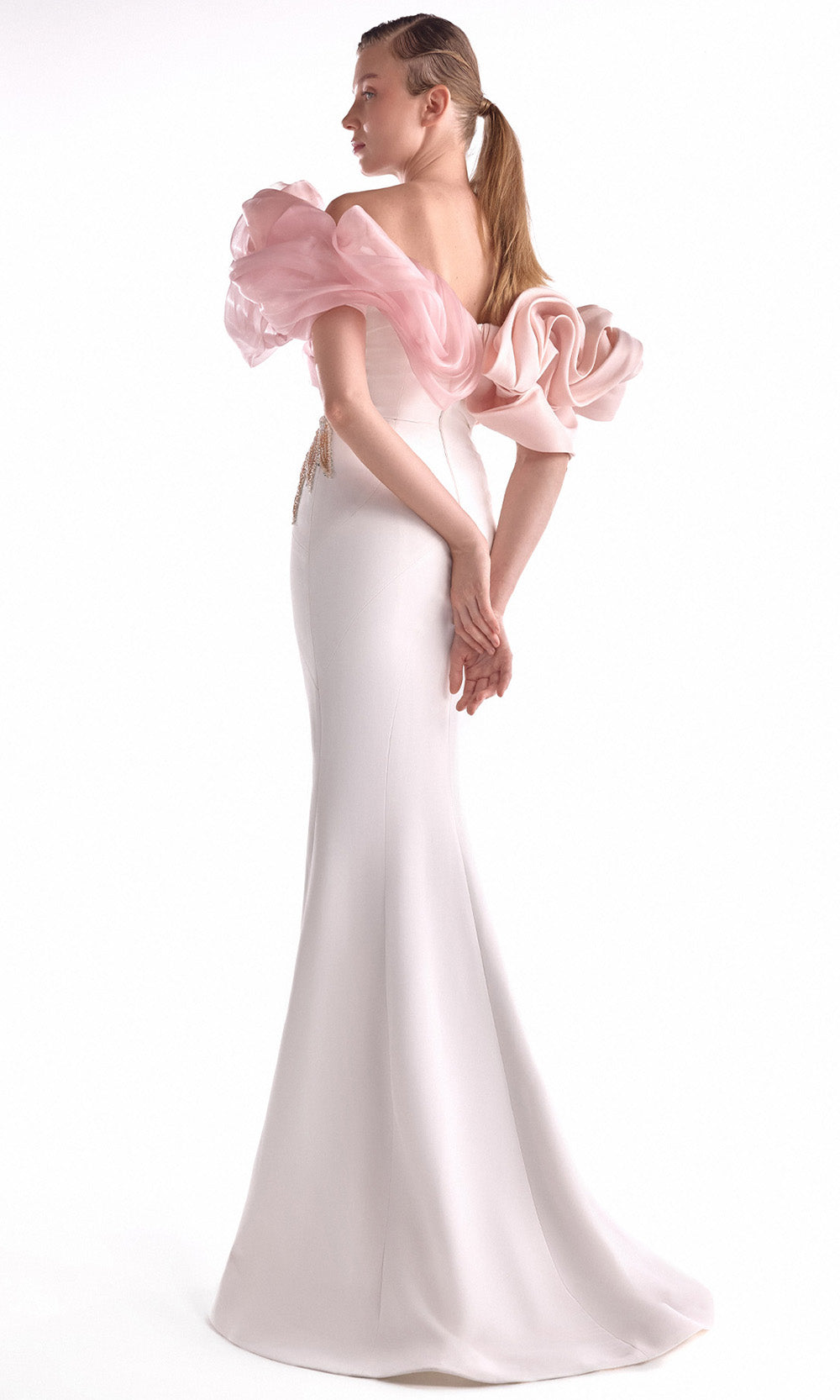 MNM COUTURE G2120 - Oversized Ruffle Sleeve Sparkle Long Dress Pageant Dresses in Off WhitePink