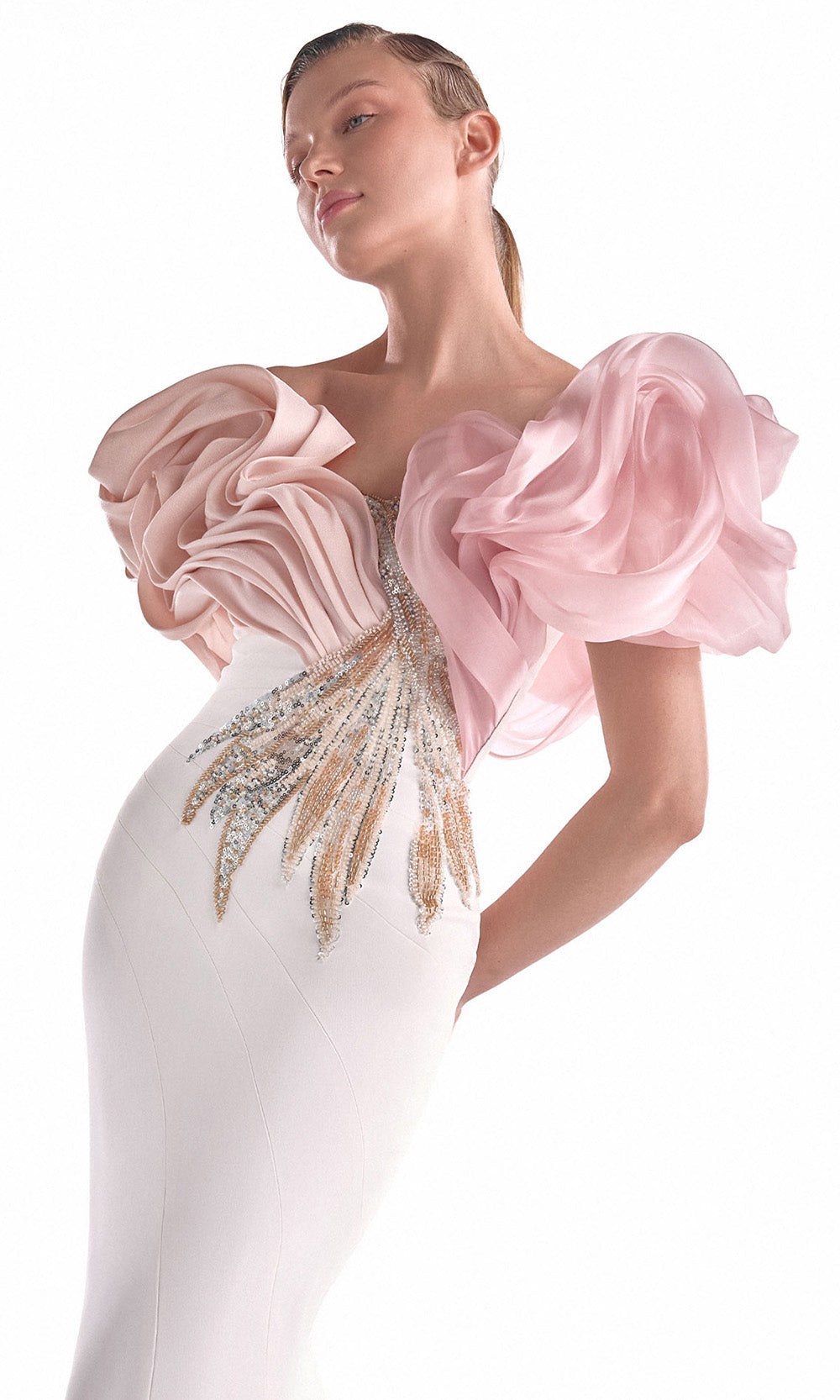 MNM COUTURE G2120 - Oversized Ruffle Sleeve Sparkle Long Dress Pageant Dresses in Off WhitePink