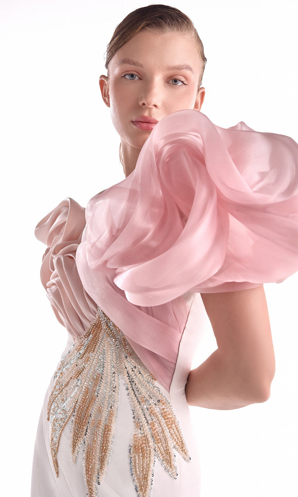 MNM COUTURE G2120 - Oversized Ruffle Sleeve Sparkle Long Dress Pageant Dresses in Off WhitePink