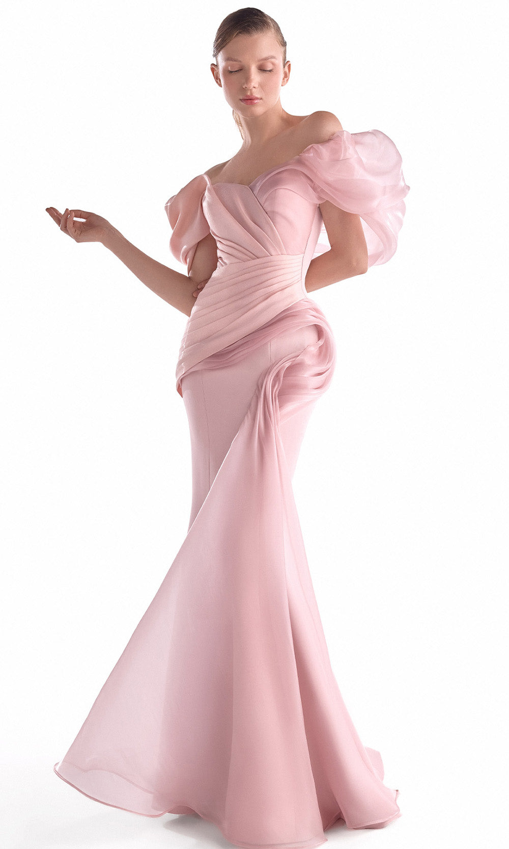 MNM COUTURE G2125 - Sweetheart Draped Overlay Long Dress Prom Dresses in Salmon 