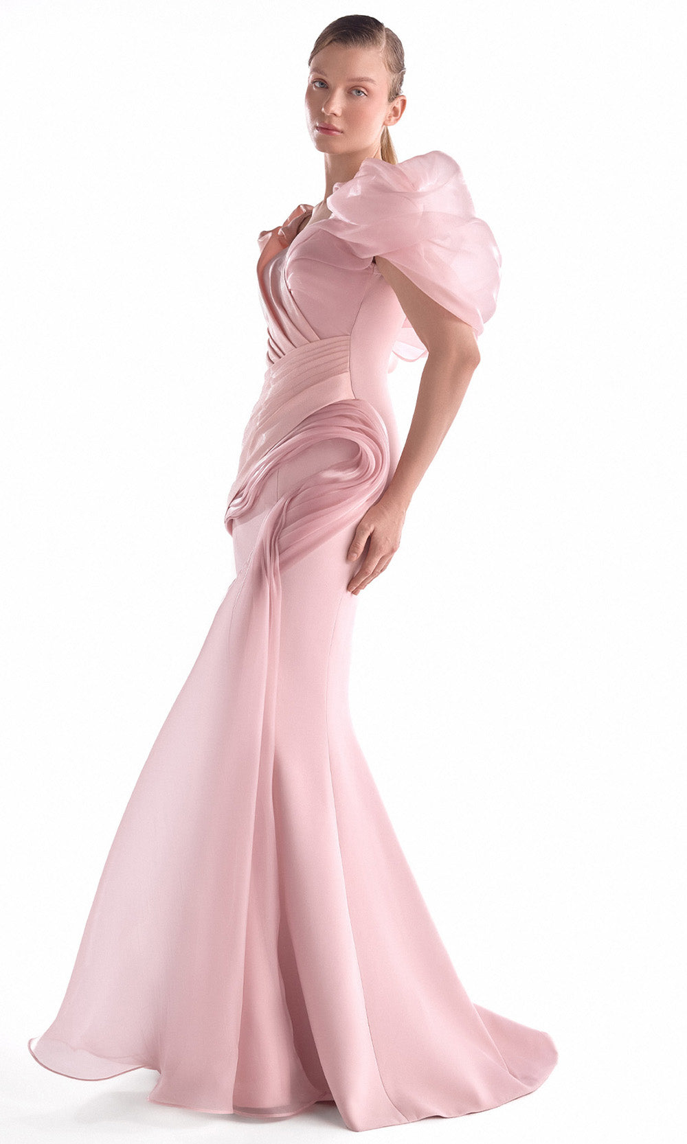 MNM COUTURE G2125 - Sweetheart Draped Overlay Long Dress Prom Dresses in Salmon 