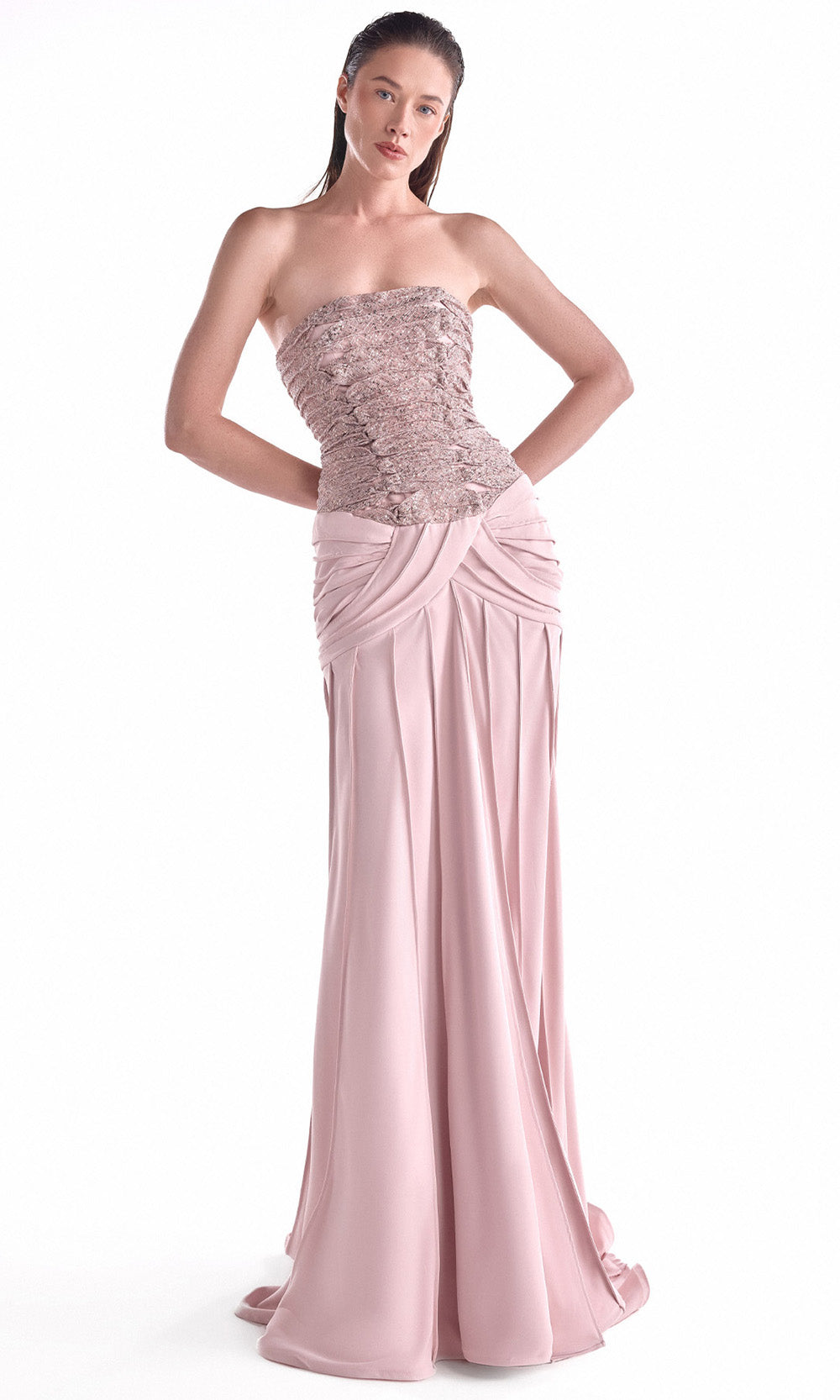 MNM COUTURE G2129 - Sequin Lace Straight Neckline Long Dress Evening Dresses in Dusty Rose